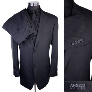 ANGELO ROSSI 3-Pcs Striped Black Suit Jacket Blazer Sz 46L Pants 38X30